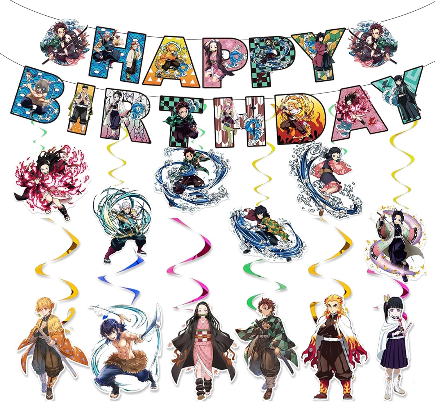 Anime Themed Party Decorations, Birthday Party Supplies Banner and 12 Hanging Swirls Birthday Decorations, Boys and Girls Happy Birthday Supplies