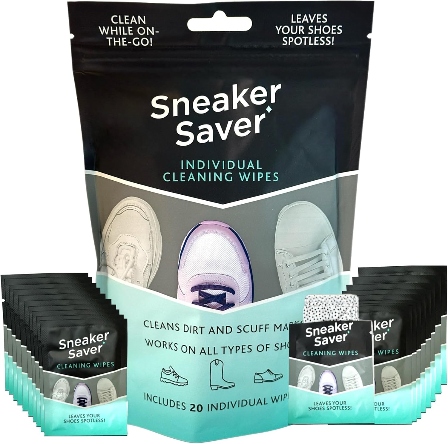 20 Premium Quick On The Go Shoe Cleaning Wipes Dual Textured Individually Wrapped Sneaker Cleaner Wipes Remove Dirt & Stains from Leather Tennis Rubber Canvas Shoes Boots Travel TSA Approved