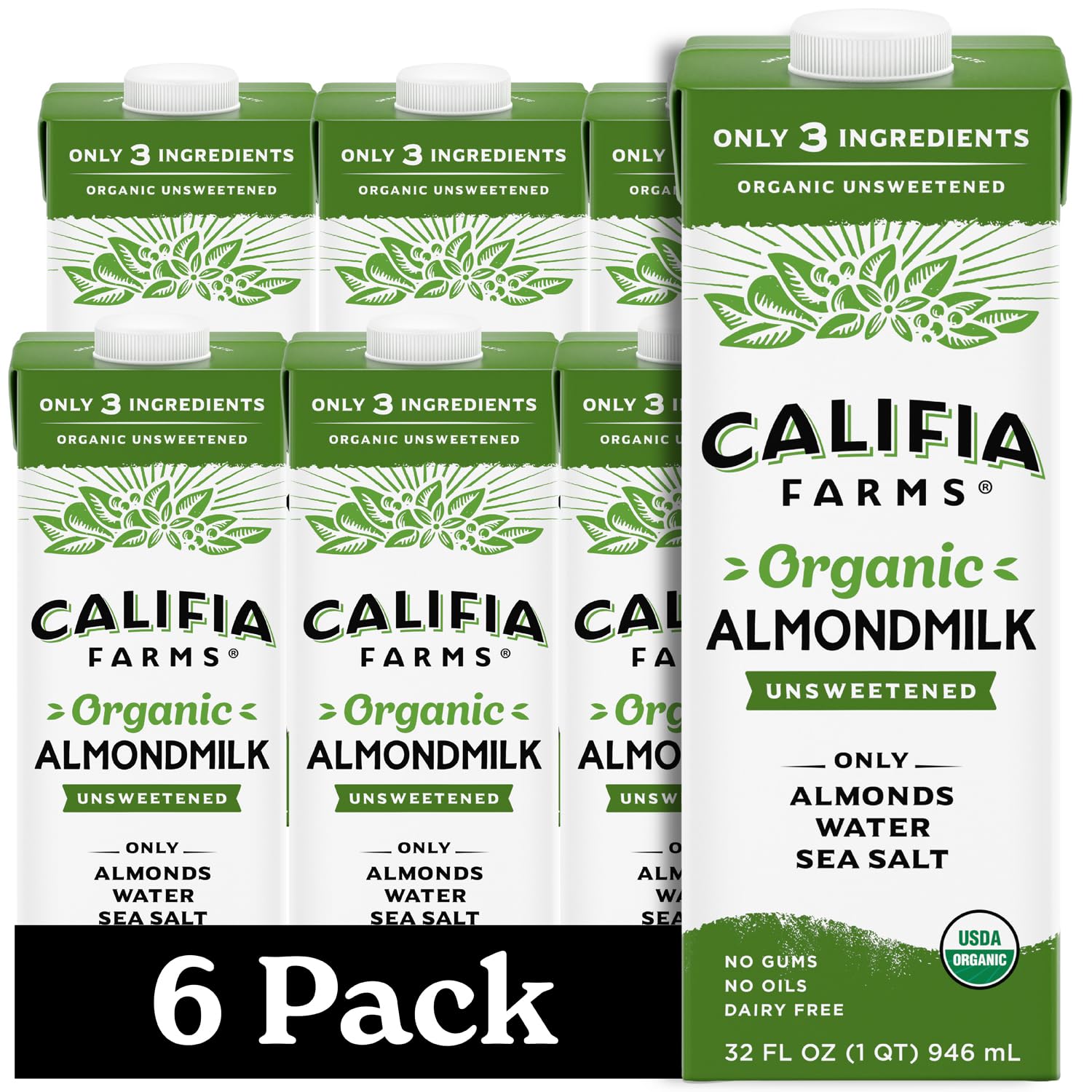 Califia Farms – Organic Unsweetened Almond Milk, 32 Oz (Pack of 6), Dairy Free, Vegan, Plant Based, Keto, Vegan, Gluten Free, Non GMO, USDA Organic