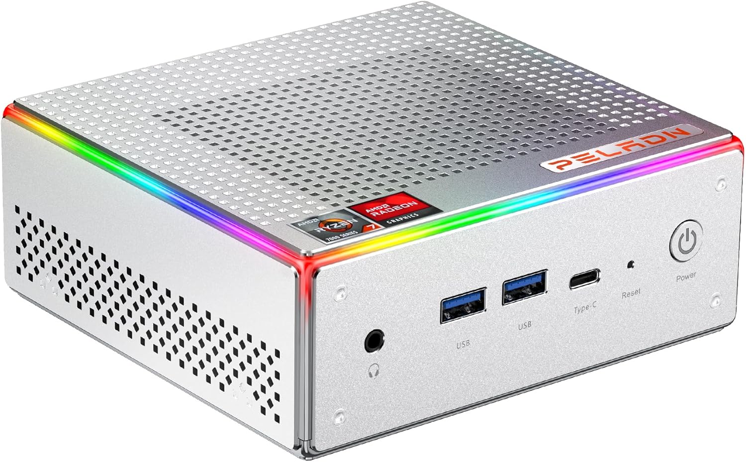 PELADN Gaming Mini PC, AMD Ryzen 7 7840HS (8C/16T, Up to 5.1GHz) Radeon 780M 32GB DDR5 5600Mhz RAM, 1TB SSD, 4K HD, BT5.2, Dual HDMI, WiFi6 2.4G/5G, Business Small Desktop PC RGB Light