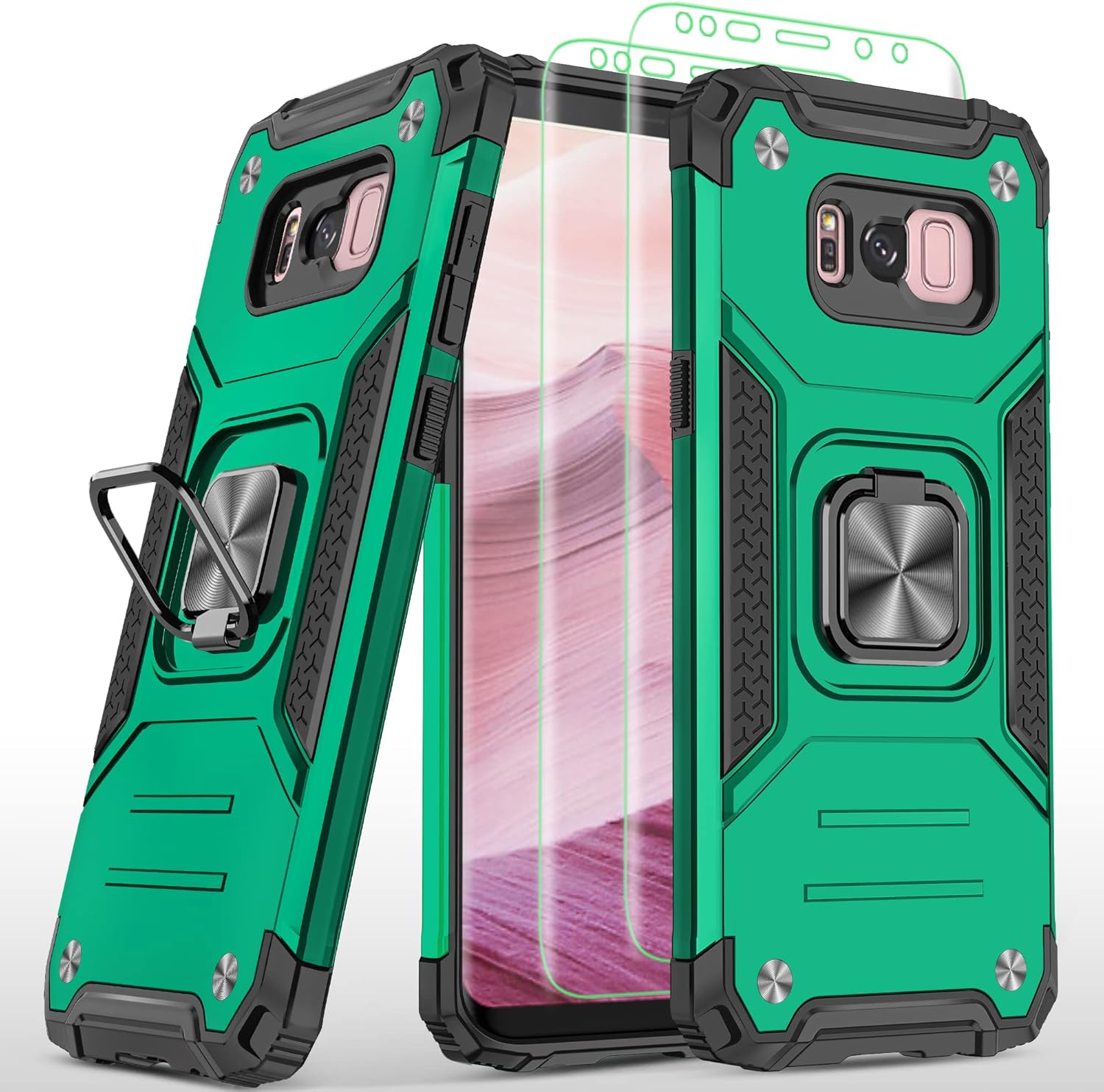 AYMECL for Samsung Galaxy S8 Case, Galaxy s8 Phone case with Self Healing Flexible TPU Screen Protector [2 Pack], Military Grade Double Shockproof with Kickstand Case for Samsung S8-Dark Green