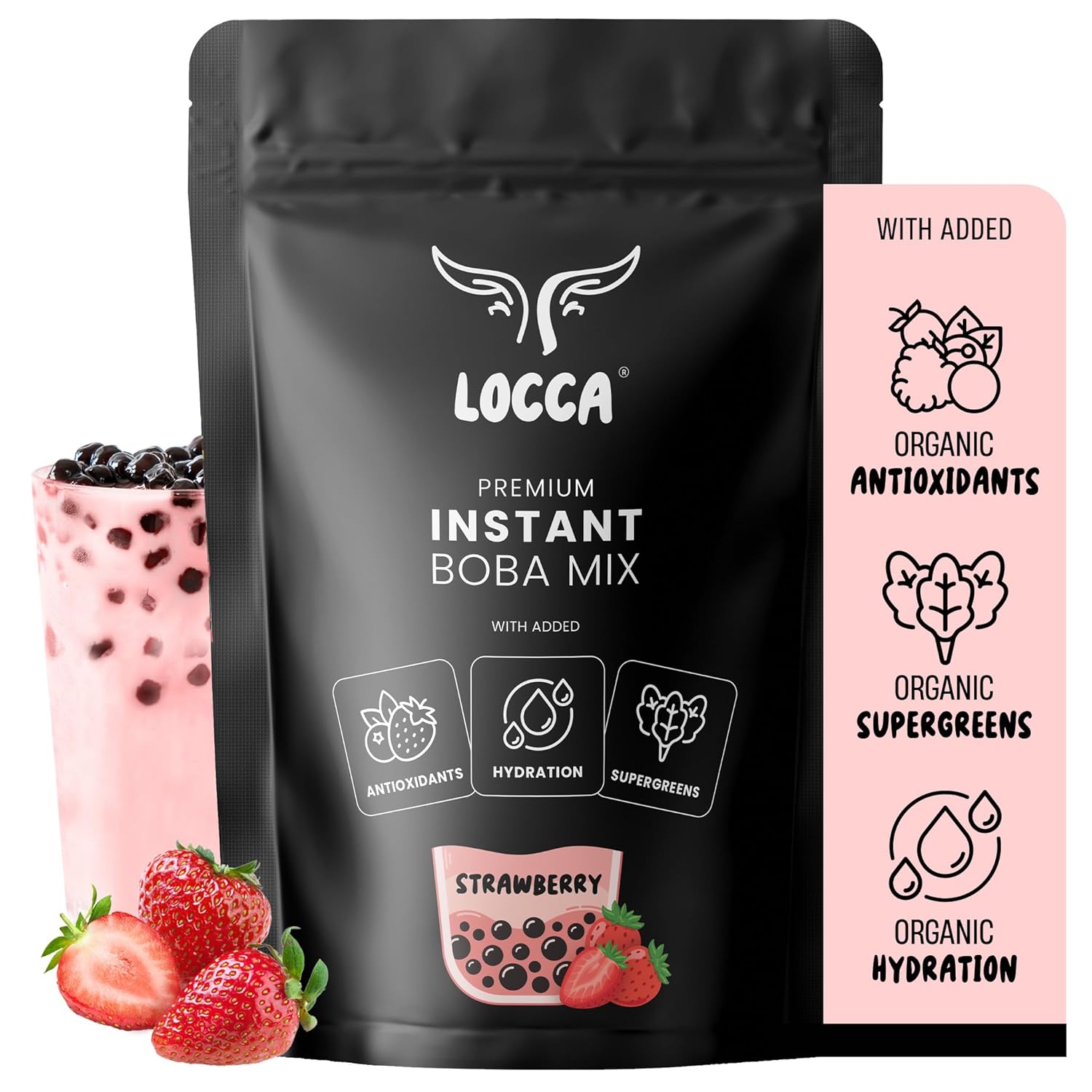 Premium Strawberry Milk Tea Powder for Boba Tea | Smoothie Mix for Strawberry Popping Boba Pearls | Strawberry Boba Powder Bursting Boba with Organic Super-greens Antioxidants Hydration (19.75oz)