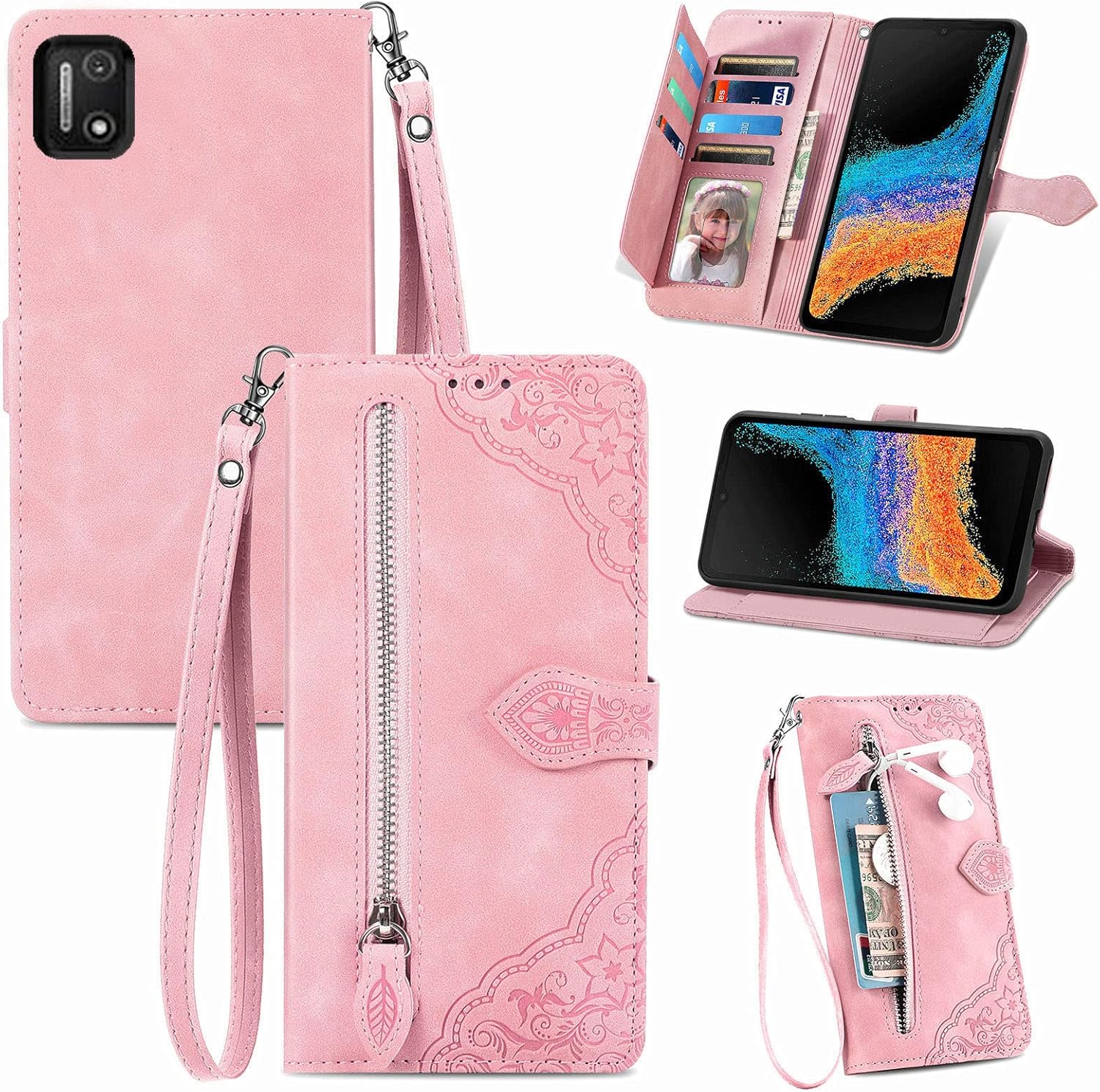 for Cloud Mobile Stratus C7 Wallet Case for Women/Men,7 Card Holder Leather Flip Case with Strap Stand Money Pocket Shockproof Folio Magnetic Zipper Wallet Purse Case -Pink