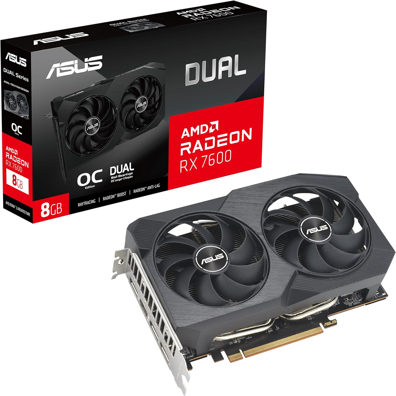 ASUS Dual Radeon RX 7600 V2 OC Edition 8GB GDDR6 Graphics Card (PCIe 4.0, 8GB GDDR6, HDMI 2.1, DisplayPort 1.4a, 2.5-Slot Design, Axial-tech Fans, GPU Tweak III)