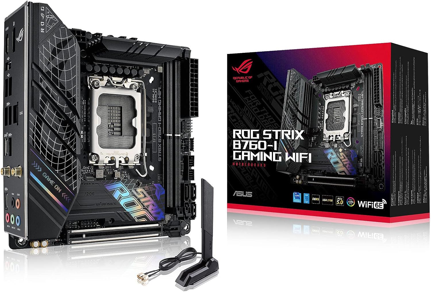 ASUS ROG Strix B760-I Gaming WiFi 6E Intel® B760(13th and 12th Gen)LGA 1700 mini-ITX motherboard,8 + 1 power stages,DDR5 up to 7600 MT/s, PCIe 5.0,2xM.2 slots,USB 3.2 Gen 2×2 Type-C,Aura Sync RGB