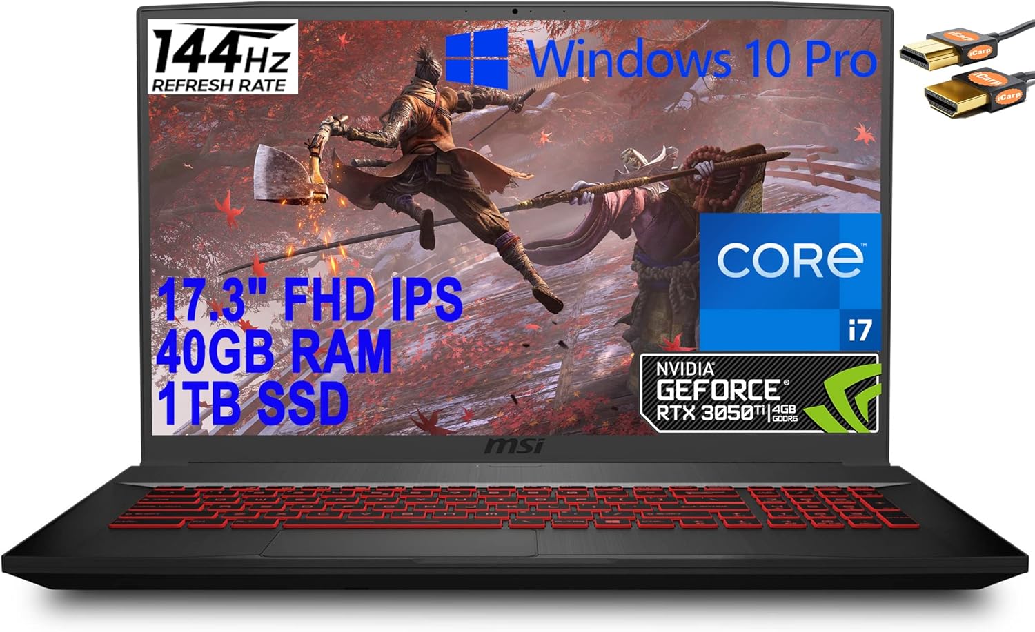 MSI Katana GF76 17 Gaming Laptop 17.3″ FHD IPS 144Hz Display 11th Gen Intel 8-Core i7-11800H 40GB RAM 1TB SSD GeForce RTX 3050 Ti 4GB Backlit Keyboard USB-C Nahimic Win10 Pro Black + HDMI Cable