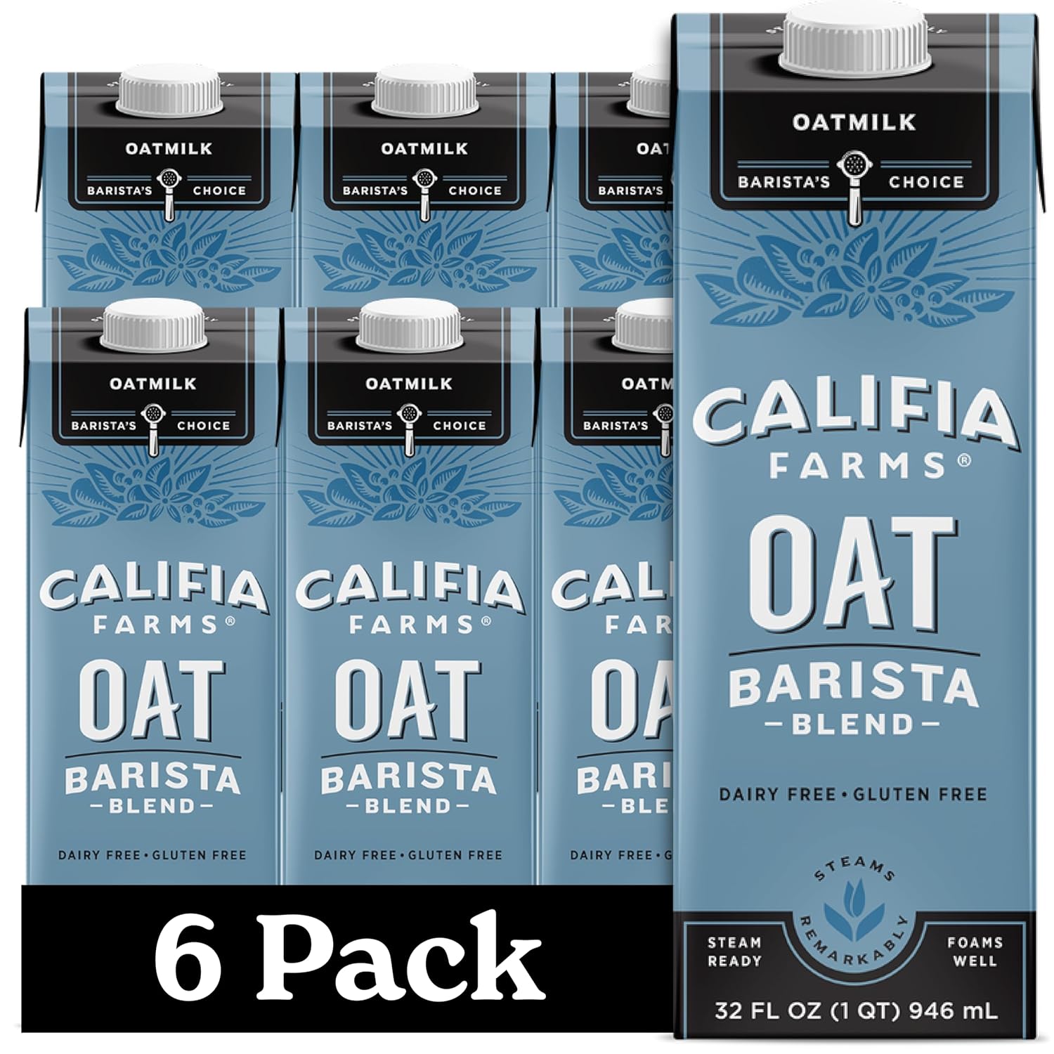 Califia Farms – Oat Barista Blend Oat Milk, 32 Oz (Pack of 6), Shelf Stable, Dairy Free, Plant Based, Vegan, Gluten Free, Non GMO, High Calcium, Milk Frother, Creamer, Oatmilk