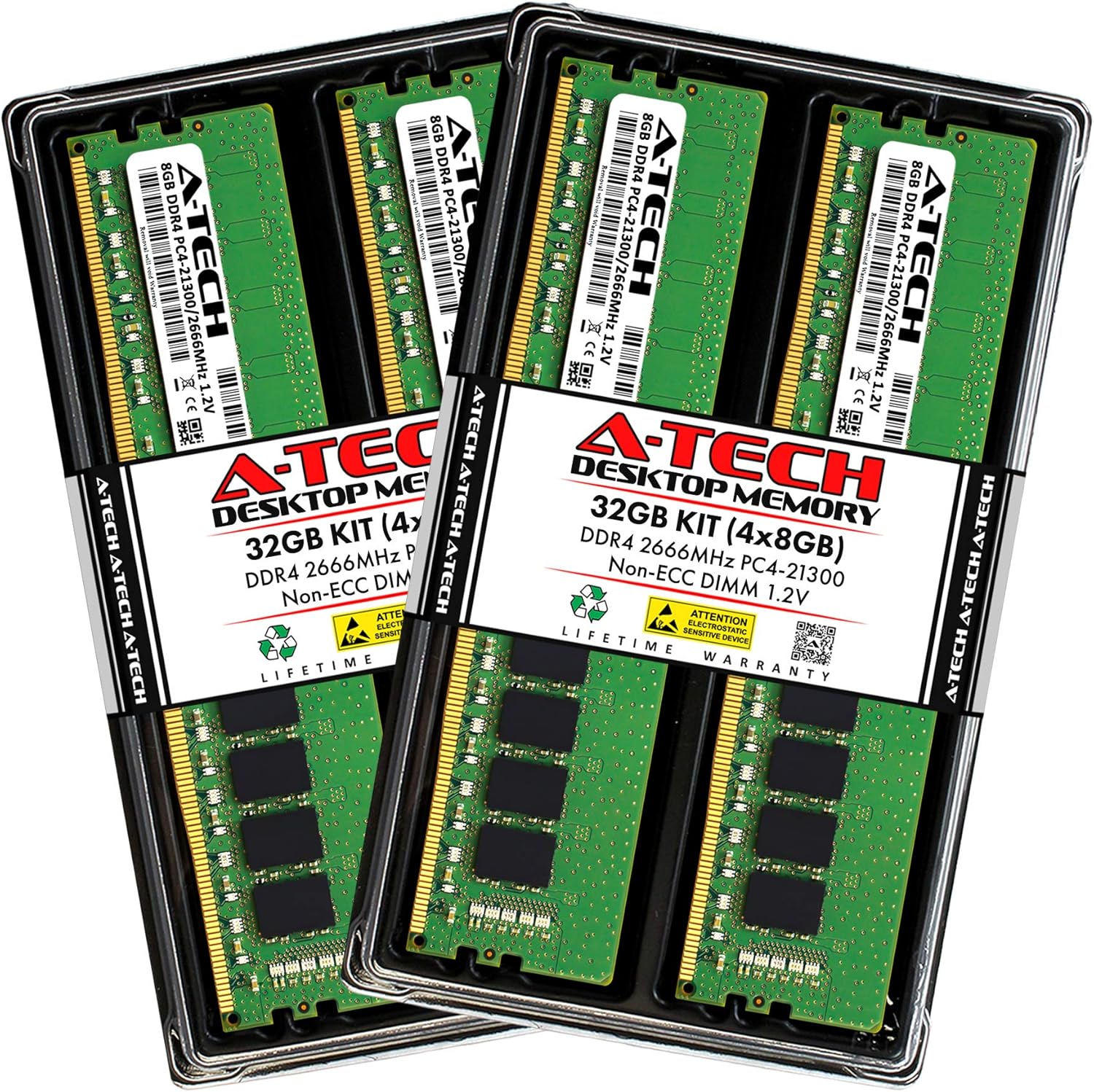 A-Tech 32GB (4x8GB) DDR4 2666 MHz UDIMM PC4-21300 (PC4-2666V) CL19 DIMM Non-ECC Desktop RAM Memory Modules