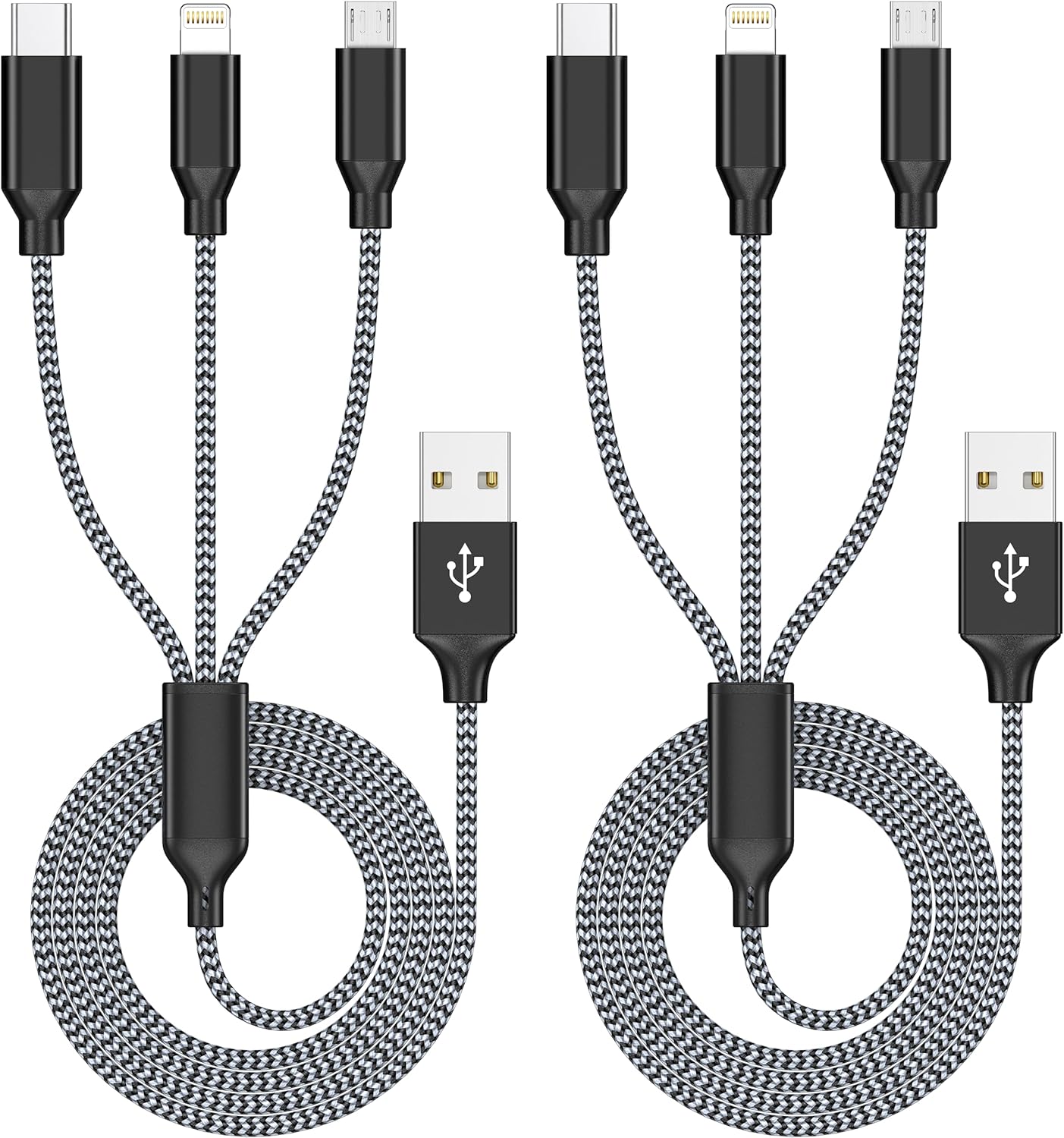 3 in 1 Multi Charging Cable Apple MFi Certified 4FT Nylon USB Wire Fast Charger Cord with Lightning Type C Micro USB Ports for Most iPhone Smart Phones (2Pcs,GrayBlack)