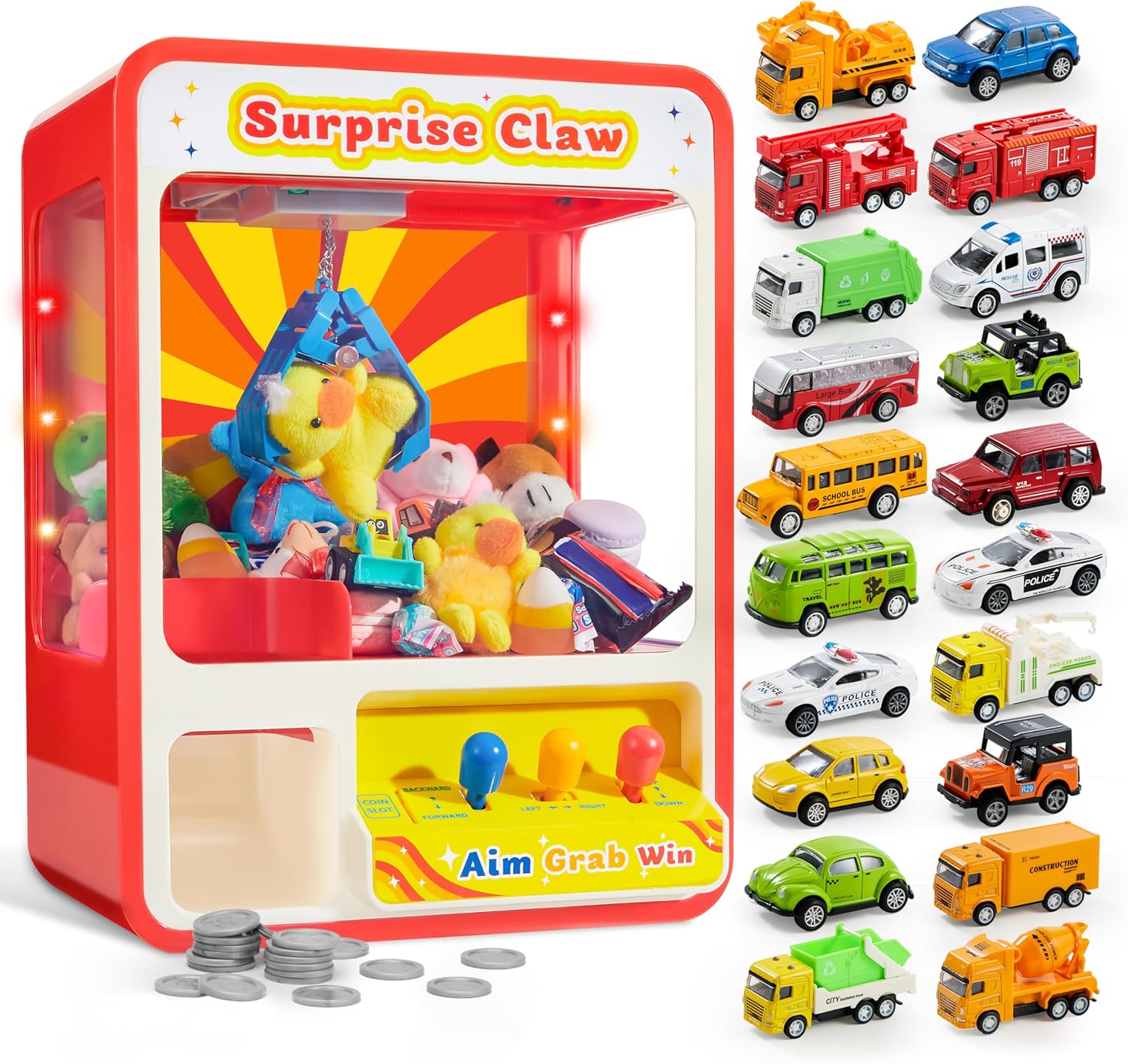 JOYIN Claw Machine with 20PCS Die Cast Metal Pull Back Toy Cars for Kids, Claw Machine Arcade Toy with LED Light & Adjustable Sound