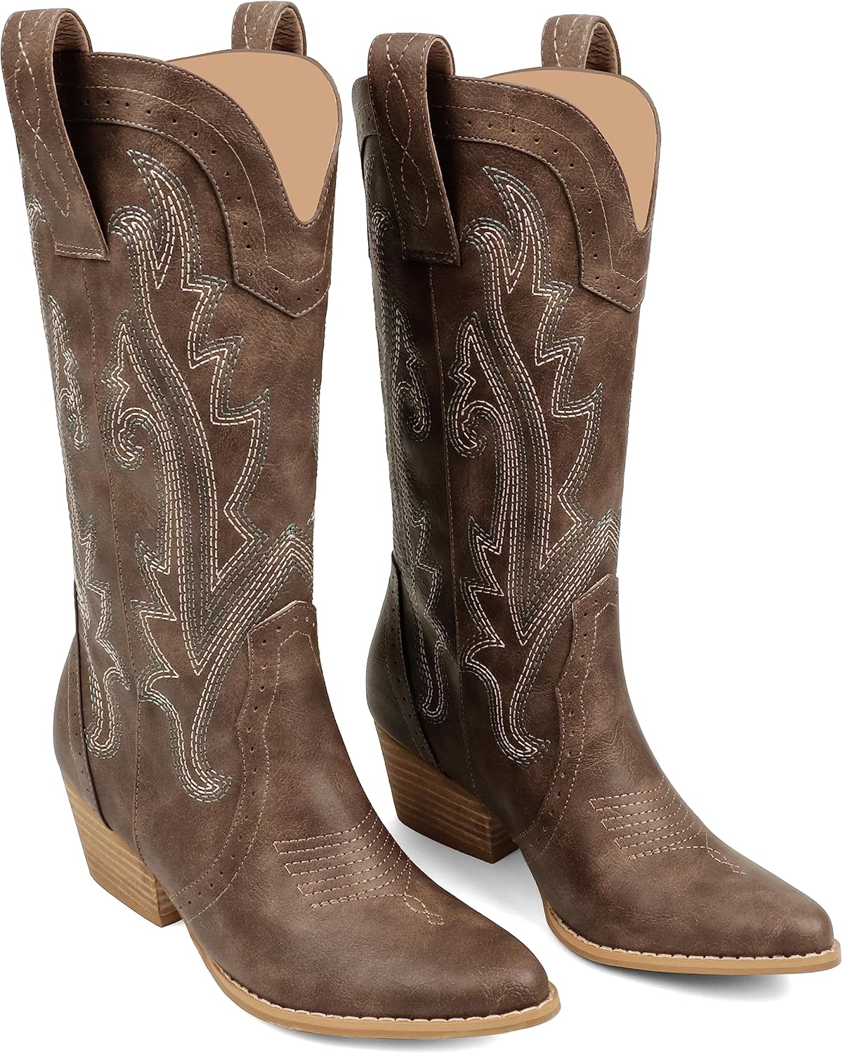 Zzheels Women Mid-calf Cowboy Boots Pointy Toe Boots Embroidered Western Cowgirl Boots Chunky Heels