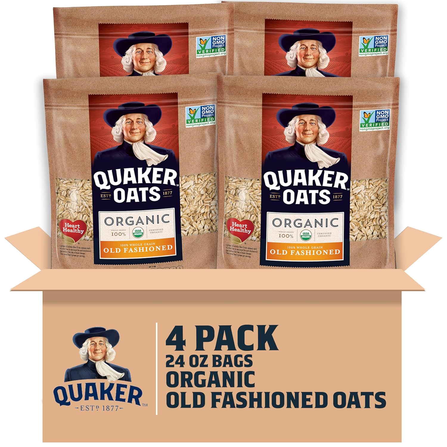 Quaker Old Fashioned Rolled Oats, USDA Organic, Non GMO Project Verified, 24oz Resealable Bags (Pack of 4)