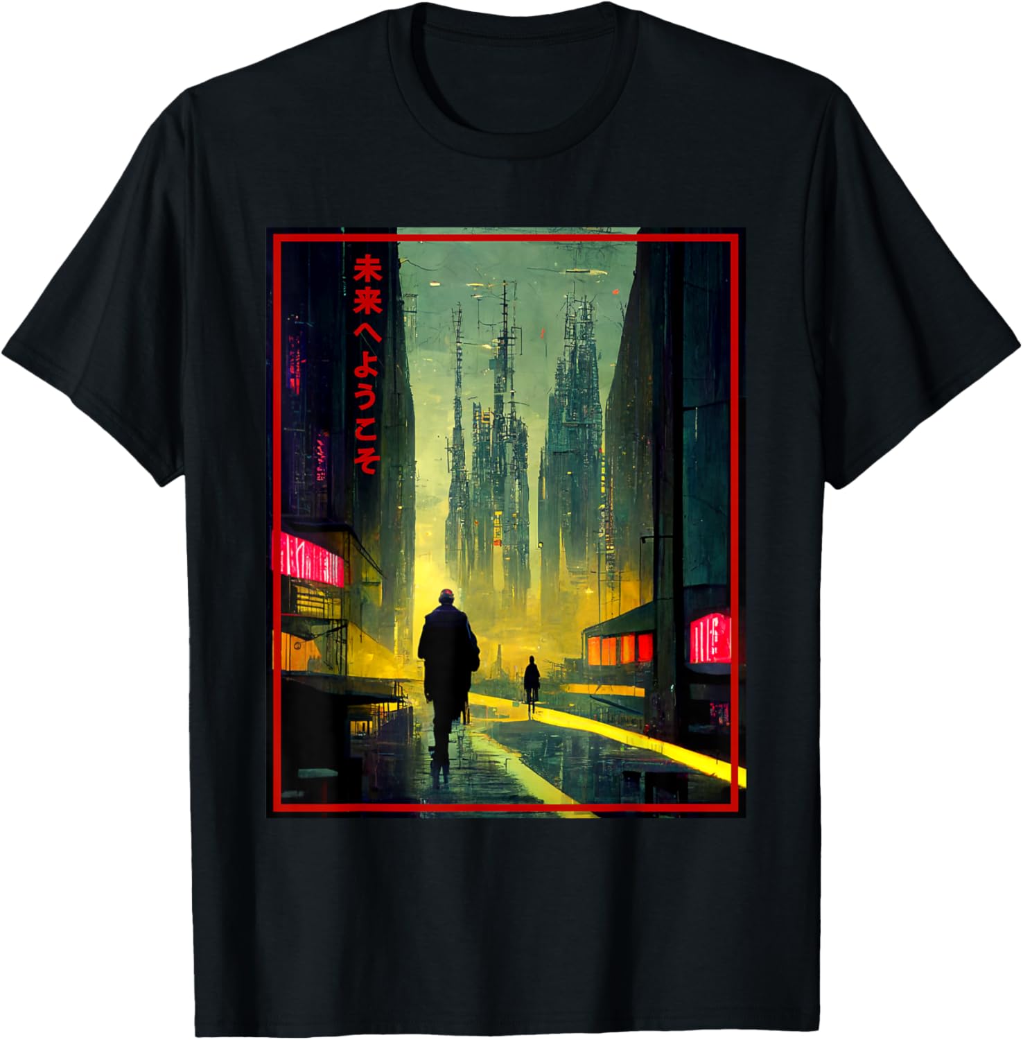 A Man Walks Cyberpunk City Japanese Text Futuristic costume T-Shirt